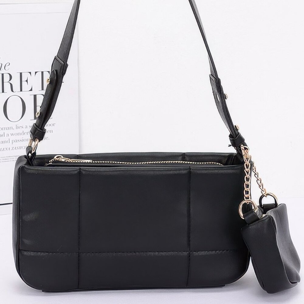 Quilted Faux Leather Shoulder Bag W/ Airpod Bag